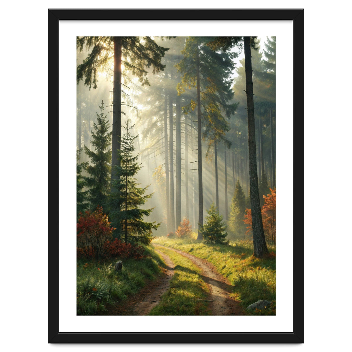 The Golden Path: Ethereal Sunbeams Piercing Through a Misty Evergreen Forest at Dawn