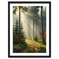 The Golden Path: Ethereal Sunbeams Piercing Through a Misty Evergreen Forest at Dawn
