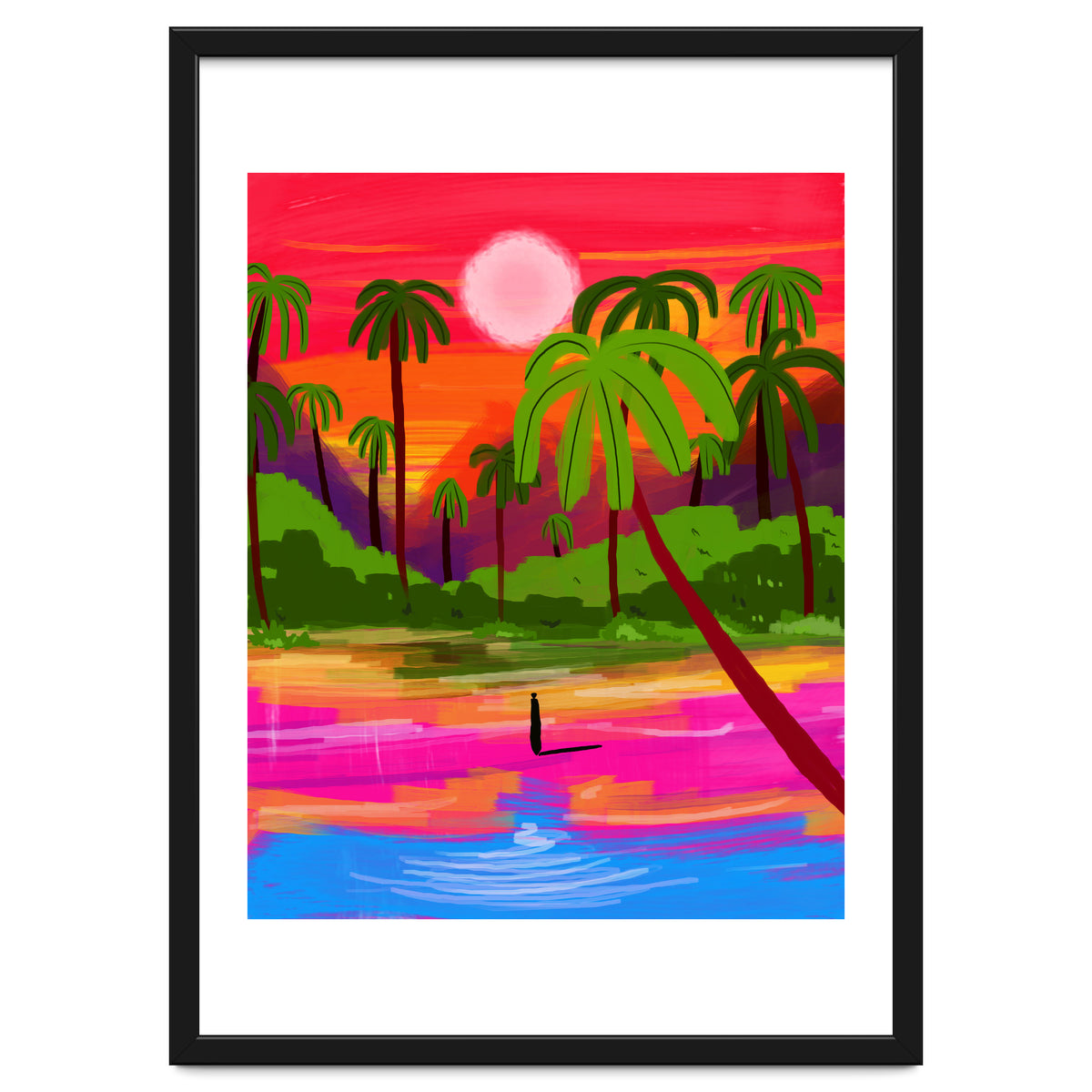 My Shadow & I, Sunset Painting Lake Beach Seashore, Tropical Nature Landscape Colorful Bohemian Traditional, Travel Concept Companion