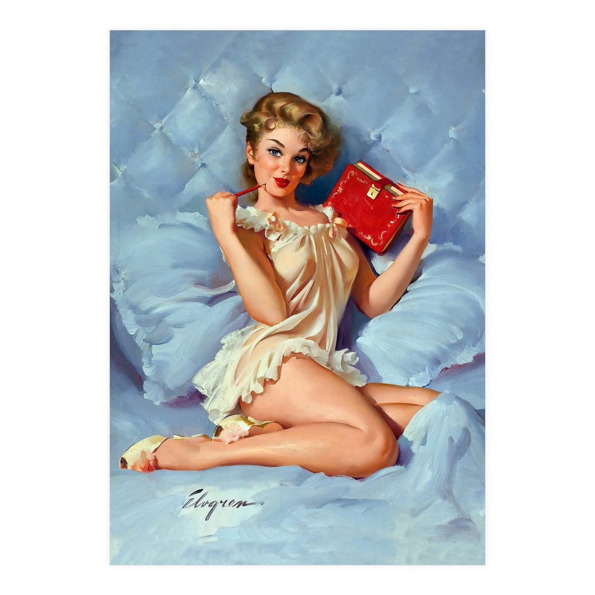 Pinup Sexy Girl Posing With Her Red Book (Print Only)