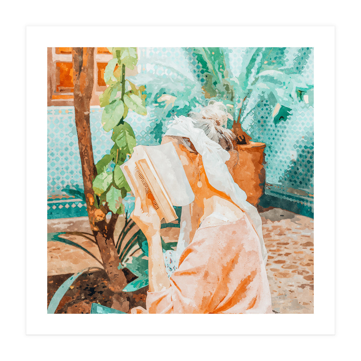 Turkish Reader | Morocco Travel Book Club | Modern Bohemian Woman Architecture | Watercolor Painting (Print Only)