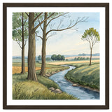 Pastoral Countryside Watercolor Painting with Winding Stream Meadows and Deciduous Trees Landscape thumbnail