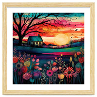 Watercolor Folk Art Sunset Landscape
