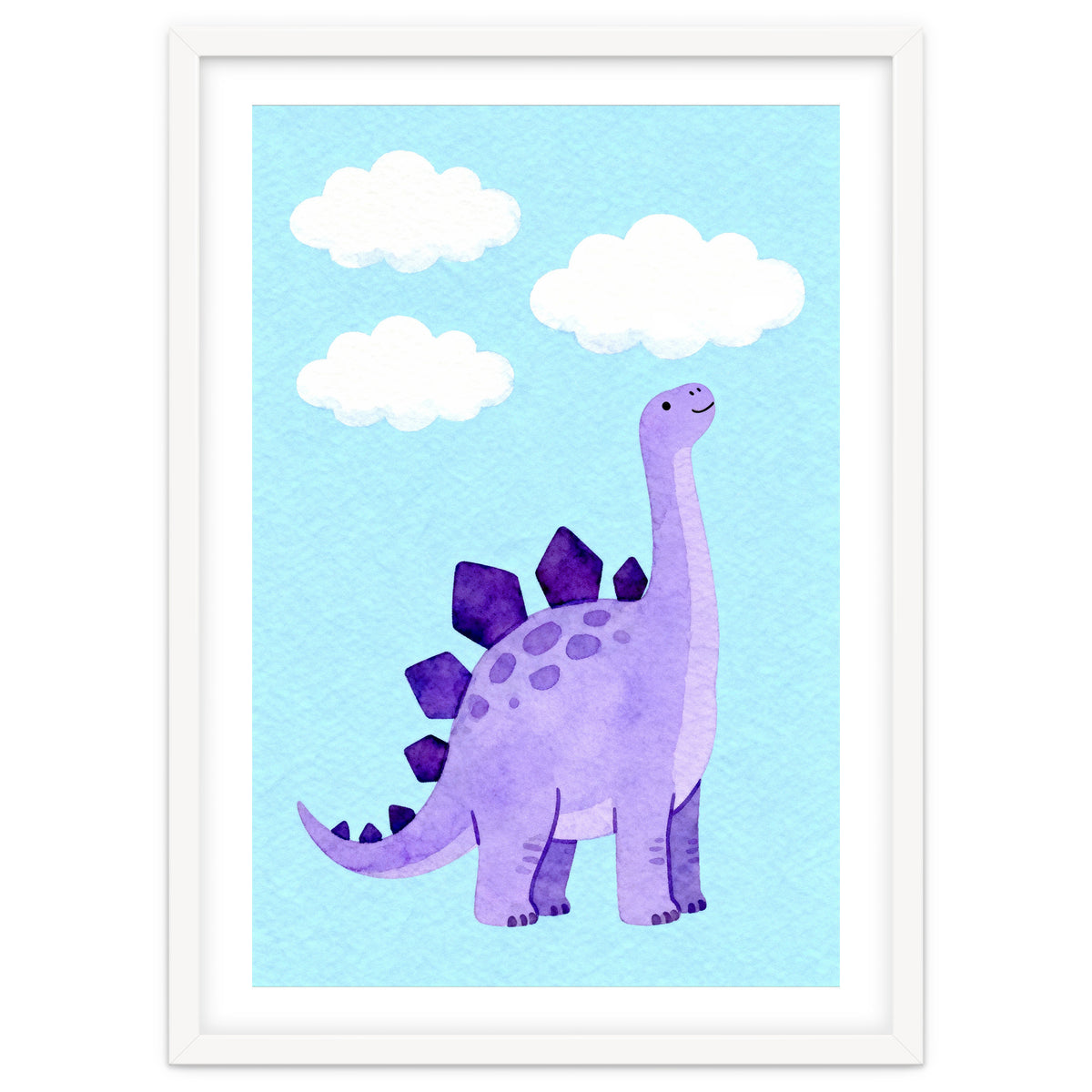 Purple Stegosaurus Watercolor Art, Cute Dinosaur Nursery Print, Dino and Clouds Illustration
