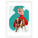 Sexy Pinup Girl In Red Dress Posing On a Ladder thumbnail