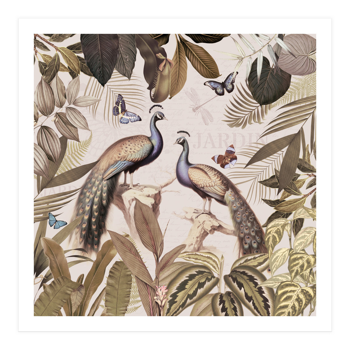 Vintage Sepia Exotic Peacocks Jungle (Print Only)