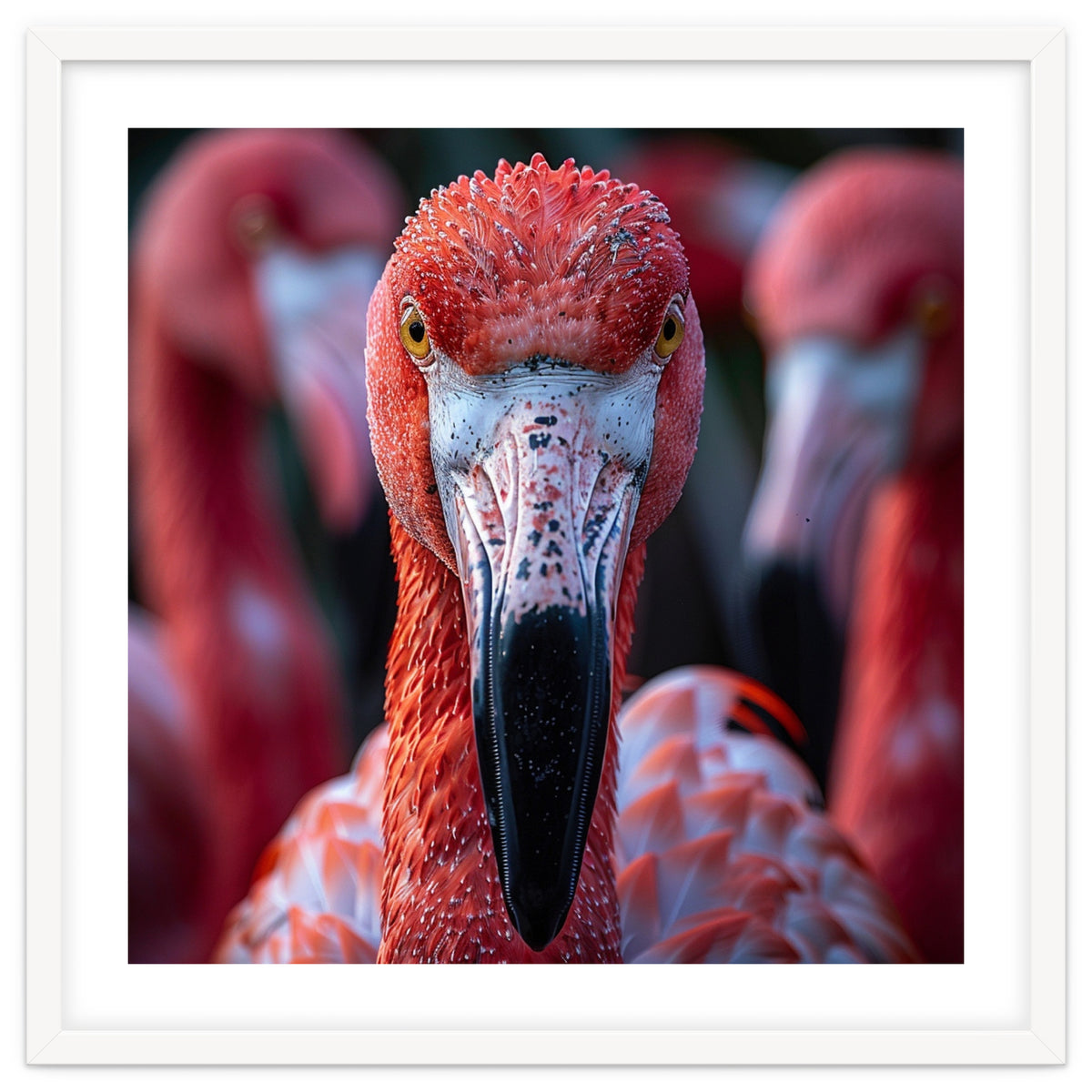 Close Up Of A Flamingo Bird Face, Pink Feathers