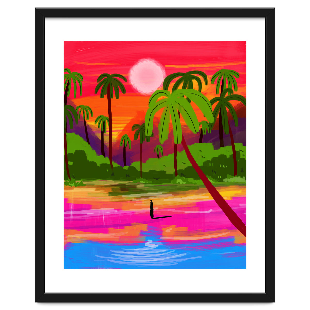My Shadow & I, Sunset Painting Lake Beach Seashore, Tropical Nature Landscape Colorful Bohemian Traditional, Travel Concept Companion