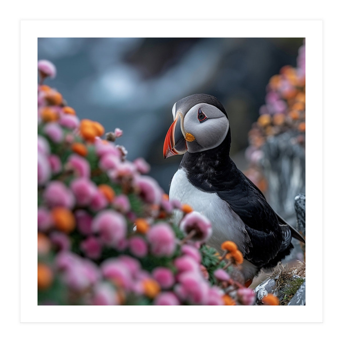 Puffin Bird Among Colorful Wildflowers In Bloom (Print Only)