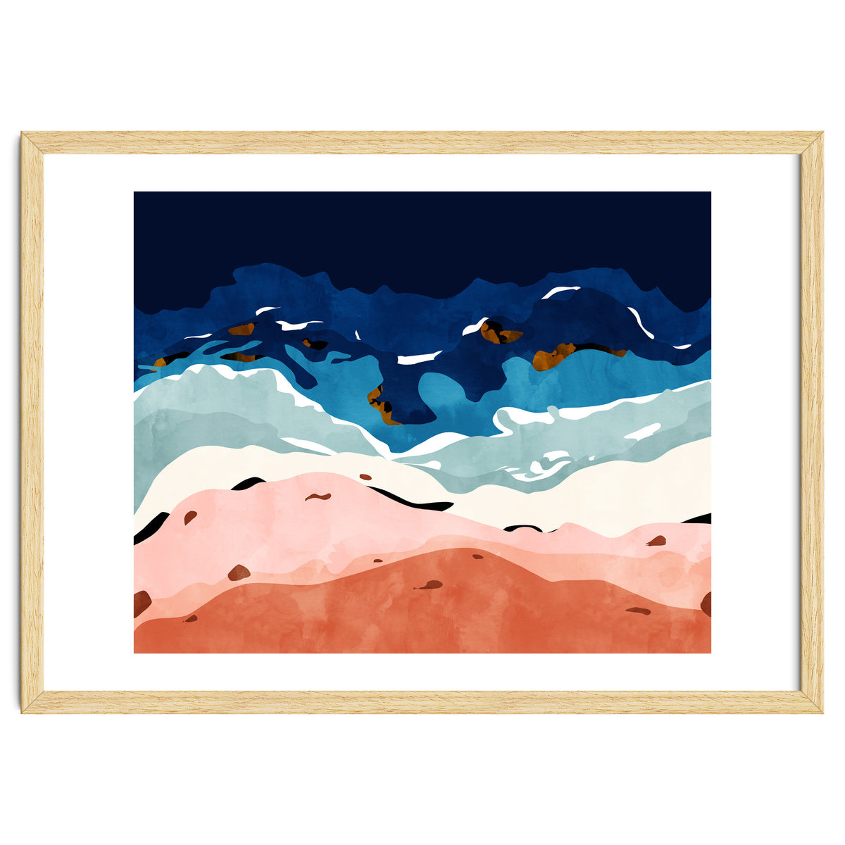 Ocean Heart, Abstract Sea Waves, Tropical Travel Watercolor Painting, Eclectic Bohemian Beach Nature