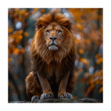 Majestic Lion Sitting On A Rock In Autumn Forest (Print Only) thumbnail
