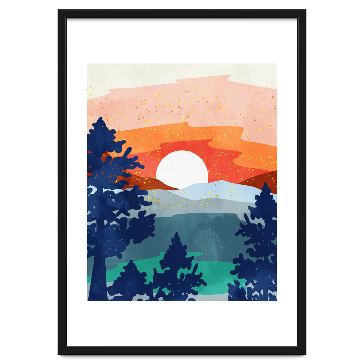 A Magical Sunset, Landscape Nature Illustration, Minimal Bohemian Painting, Mountains Adventure Travel