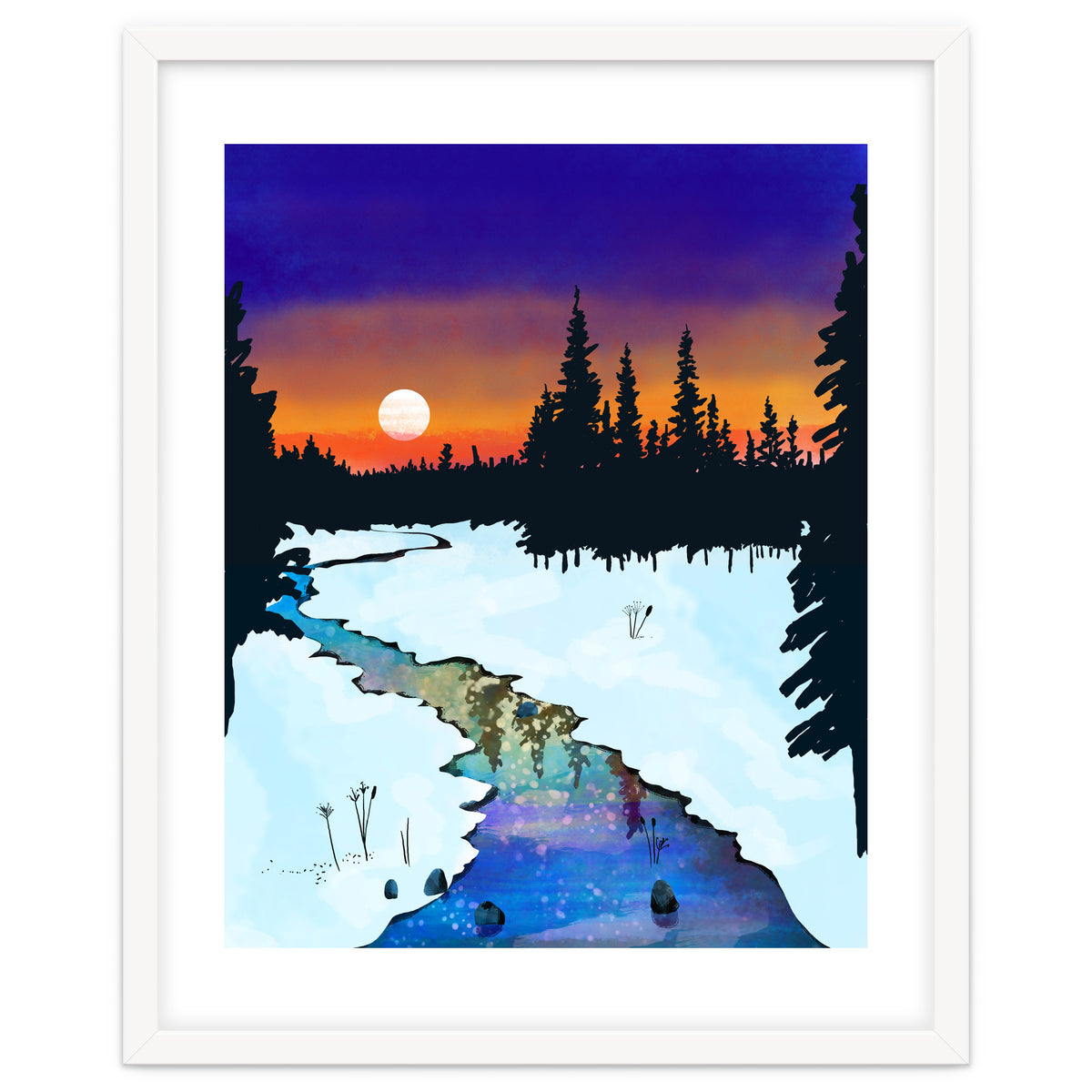 Purple Midnight, Snow River Full Moon Nature Landscape Painting, Winter Travel Adventure Places