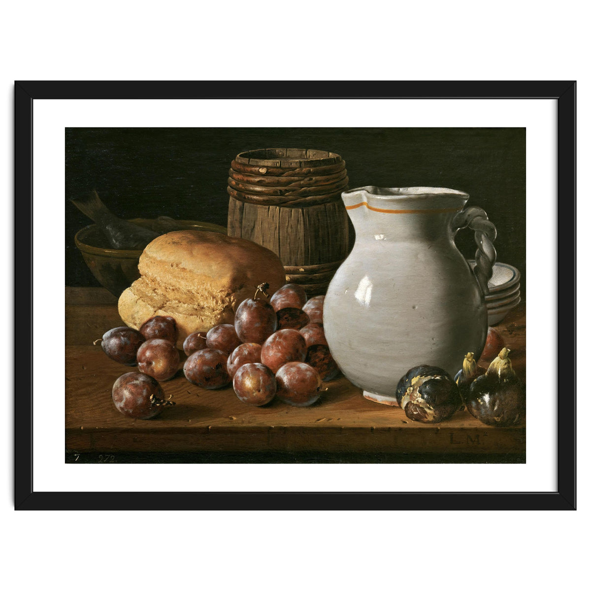 Luis Egidio Meléndez / 'Still Life with Plums, Figs, Bread and Fish', 18th century, Spanish School.