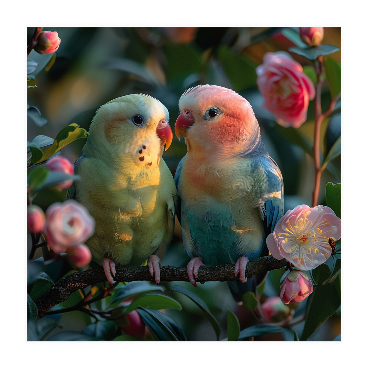 Two Lovebirds Perched On A Branch Near Flowers (Print Only)