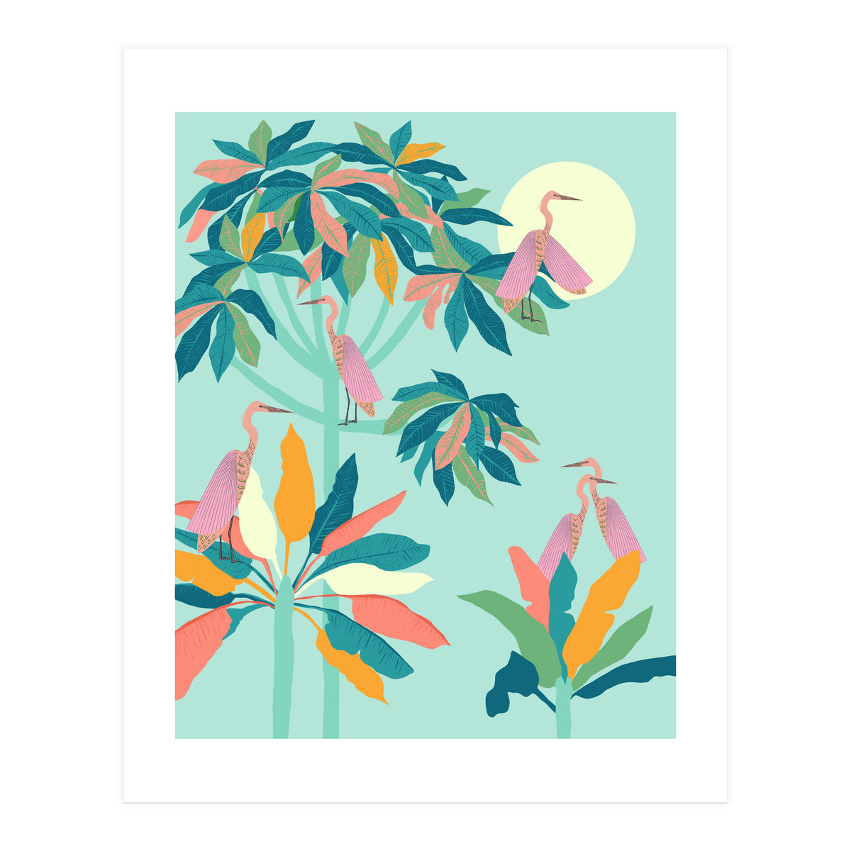 Drawn To The Moon, Stork Heron Flamingo Birds, Tropical Pastel Wildlife Forest Nature, Animals Jungle Bohemian Eclectic Fly (Print Only)