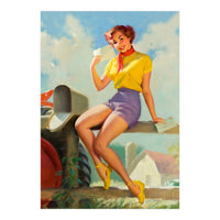 Pinup Girl On A Fence Showing A Love Letter (Print Only)