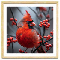 Northern Cardinal Bird Perched Among Red Berries