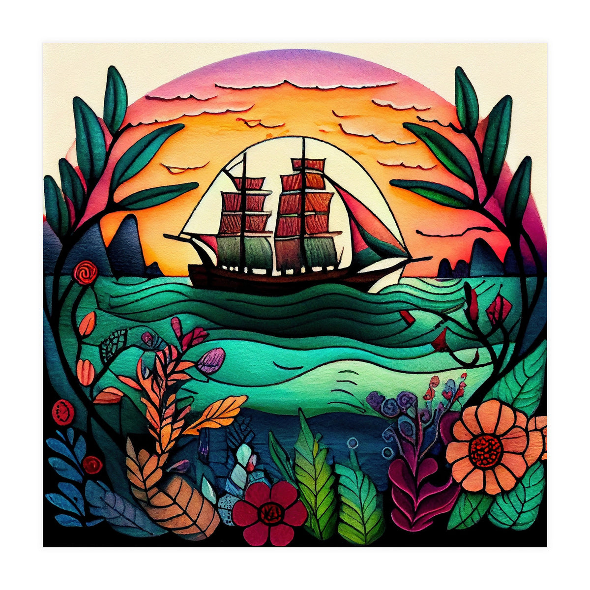 Folk Sunset Sailing Ship (Print Only)