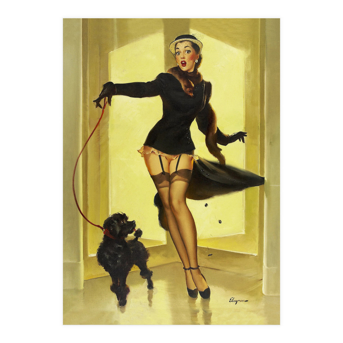 Pinup Girl In Black Dress On A Hall Experiencing Sudden Wind (Print Only)