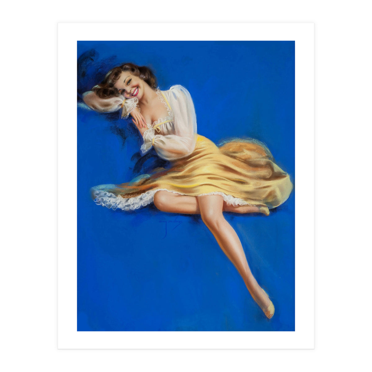 Pinup Girl Posing In Studio Over The Blue Background (Print Only)