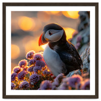 Puffin Bird Amidst Purple Flowers Golden Hour