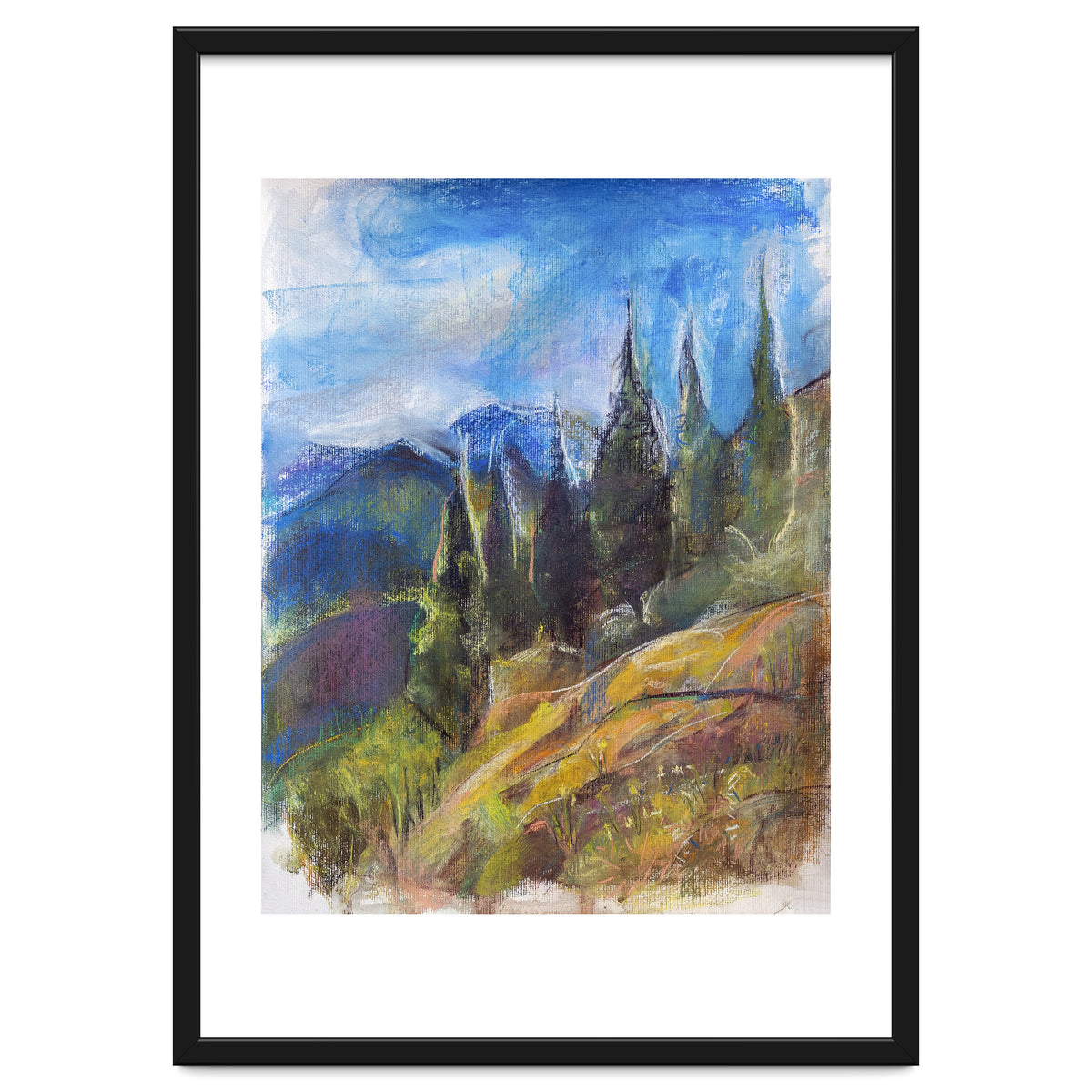 Pastel drawing of an Alpine Pine Forest
