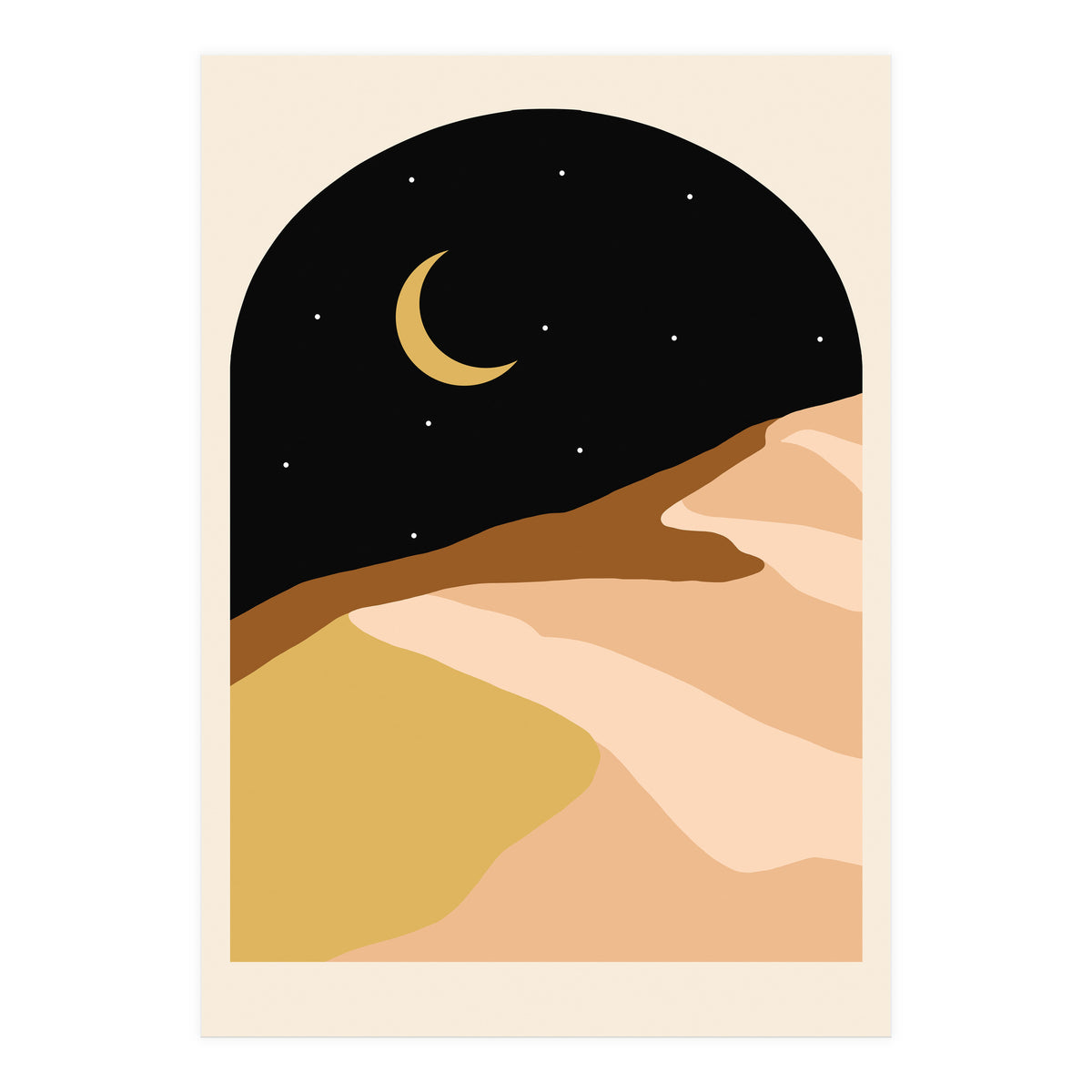 Desert Nights, Modern Bohemian Travel Sand Dunes, Eclectic Moon Stars Vintage Arc, Pastel Building Nature Landscape (Print Only)