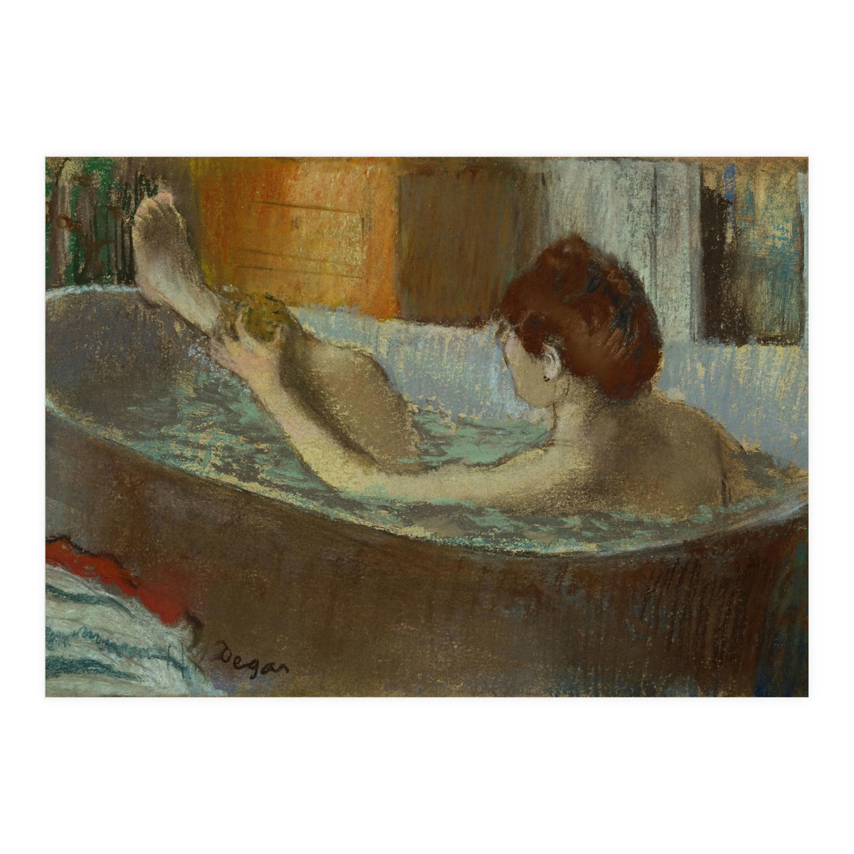 Woman in bath, sponging her leg. Pastel, 1883-84   19.7 x 41 cm. (Print Only)