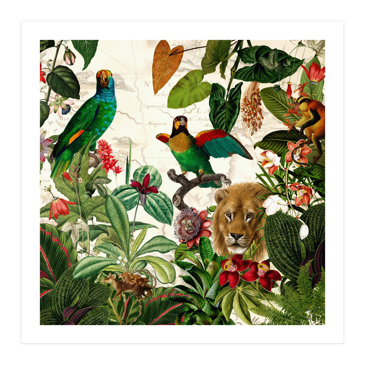 Exotic Lush Jungle And Wild Animals Landscape  (Print Only)
