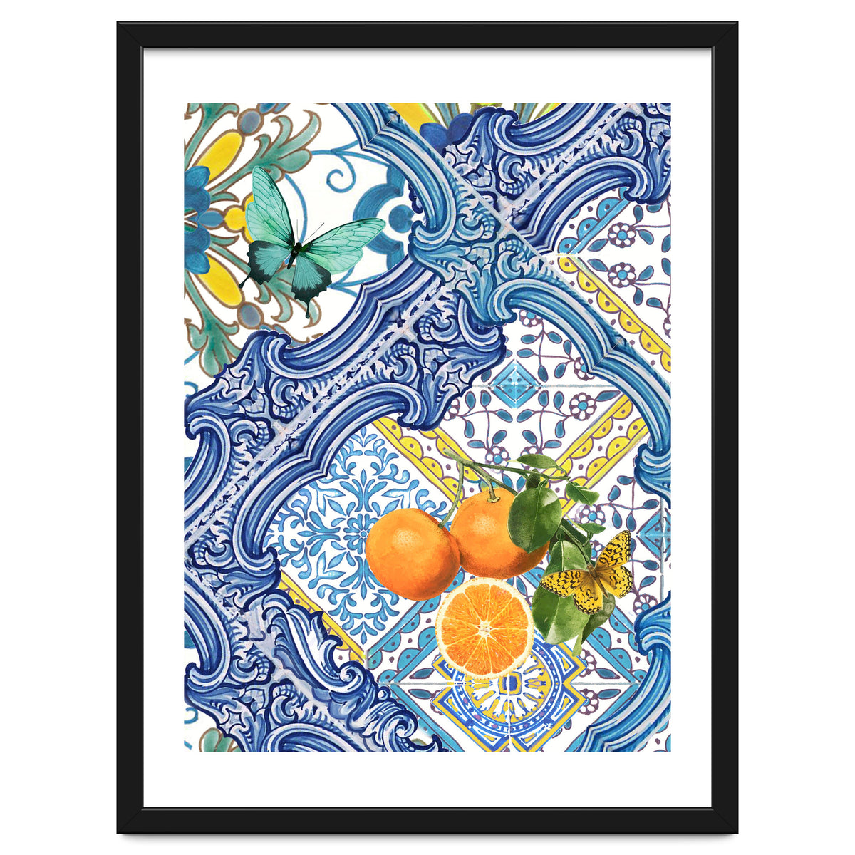 Mediterranean blue tiles, butterflies and citrus fruit