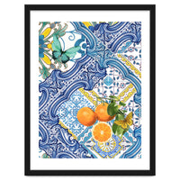 Mediterranean blue tiles, butterflies and citrus fruit