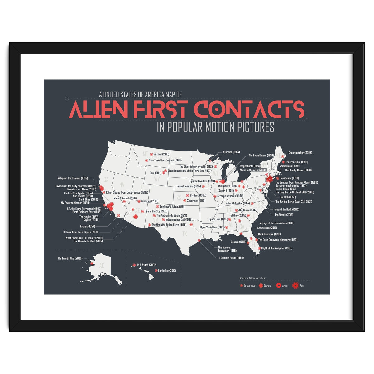 USA Map of Alien First Contacts in Movies