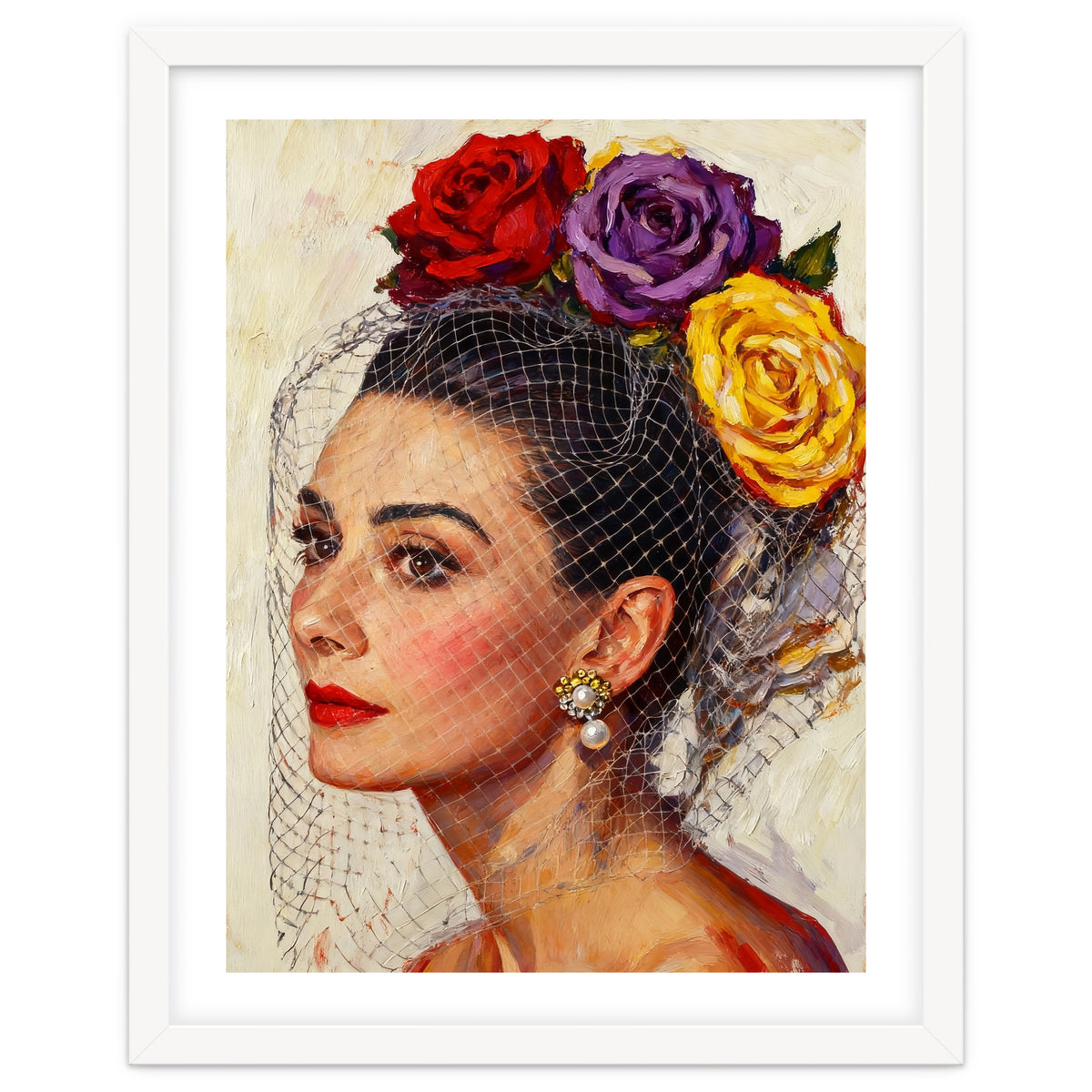 Audrey Hepburn, Impasto Floral Veil Portrait, Classic Hollywood Oil Painting,