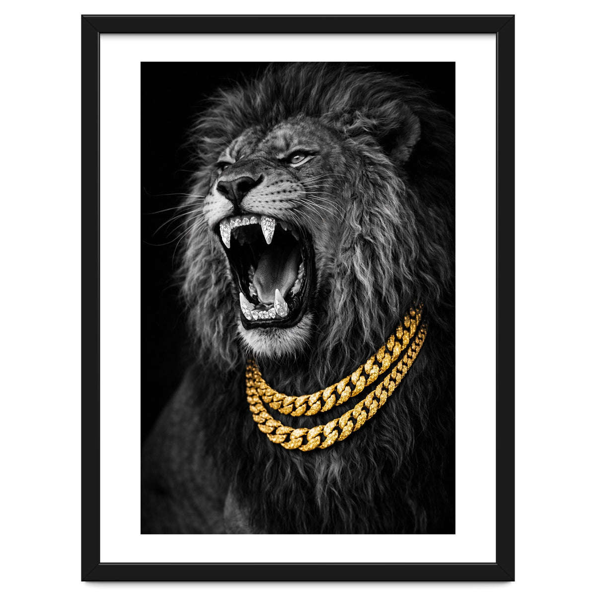 Bejweled hyper-realistic lion photography,diamond fangs portrait