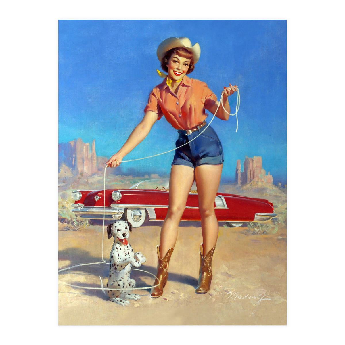 Pinup Cowgirl Showing A New Dog Trick (Print Only)