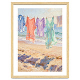 Laundry Drying by the Sea, Colorful Clothes on a Beach Clothesline, Coastal Summer Pastel Painting, Relaxing Ocean Shore Art Print thumbnail