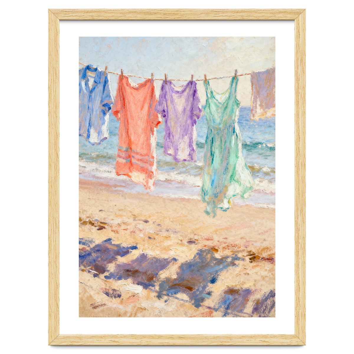 Laundry Drying by the Sea, Colorful Clothes on a Beach Clothesline, Coastal Summer Pastel Painting, Relaxing Ocean Shore Art Print
