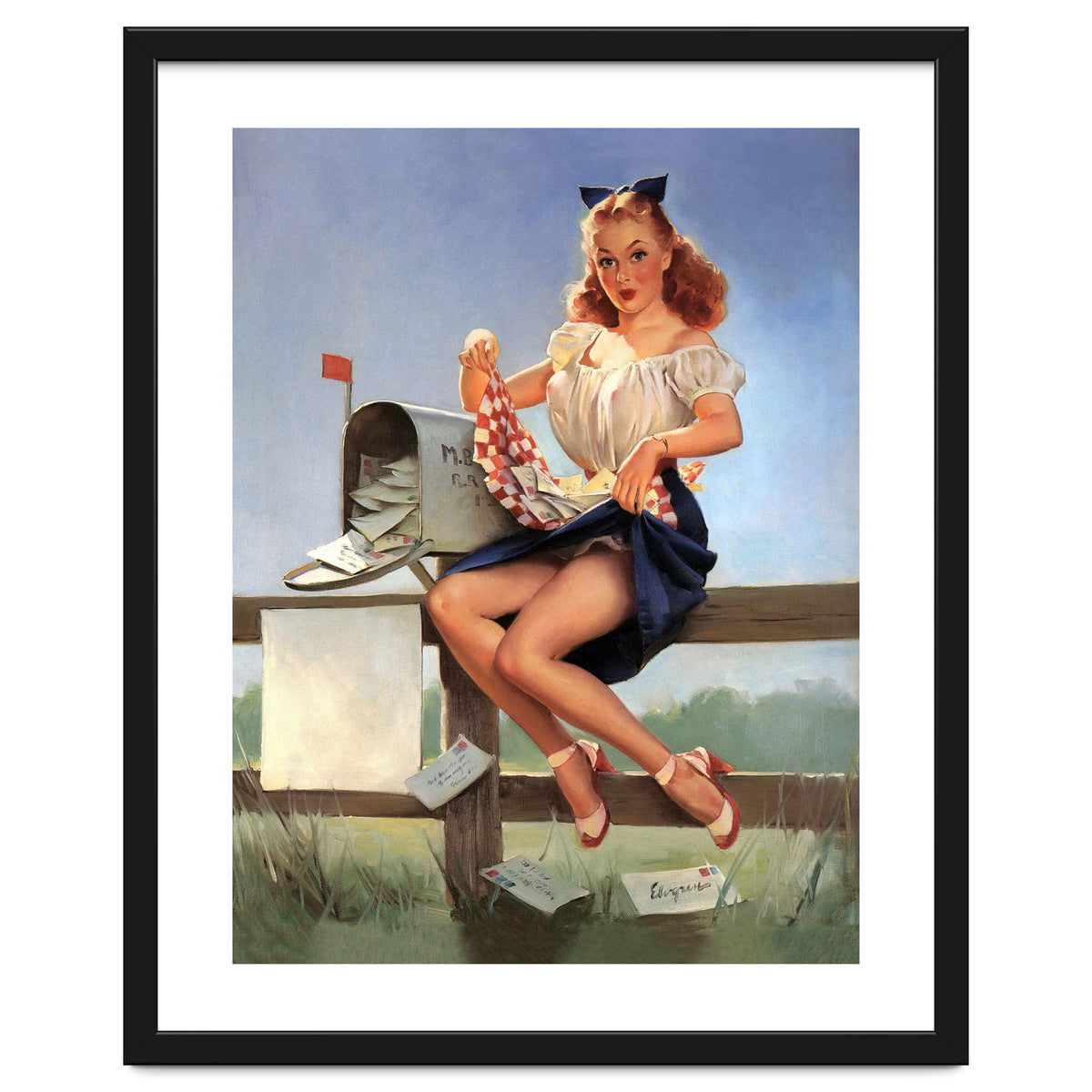 Countryside Pinup Girl Posing On A Fence With Love Letters And A Full Mailbox