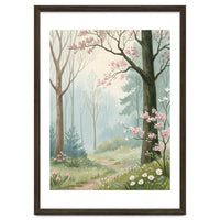 Enchanted Spring Woodland Path with Blooming Cherry Blossoms and Misty Pastel Forest Atmosphere