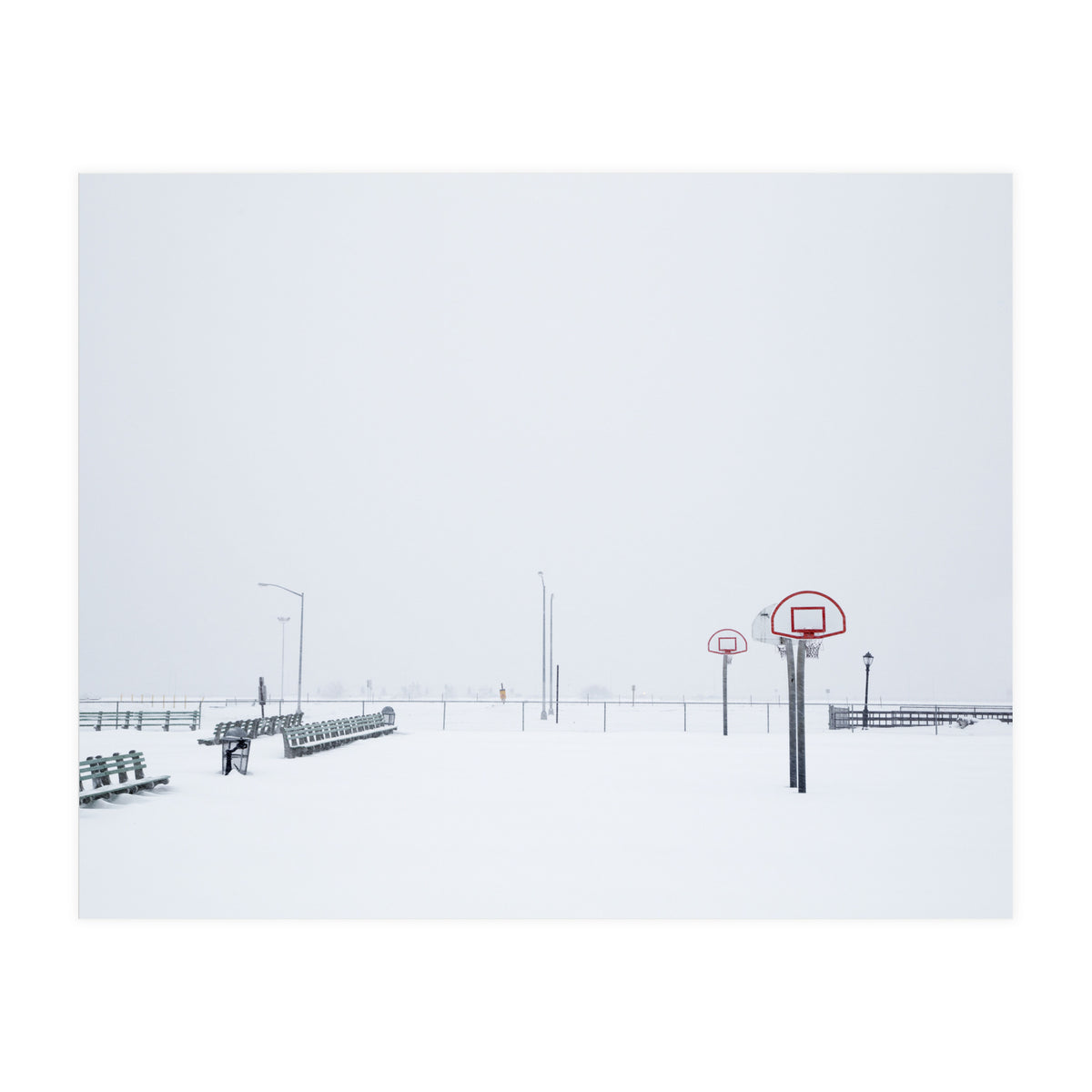 Snow-covered Basketball court and side bench (Print Only)