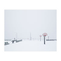 Snow-covered Basketball court and side bench (Print Only)