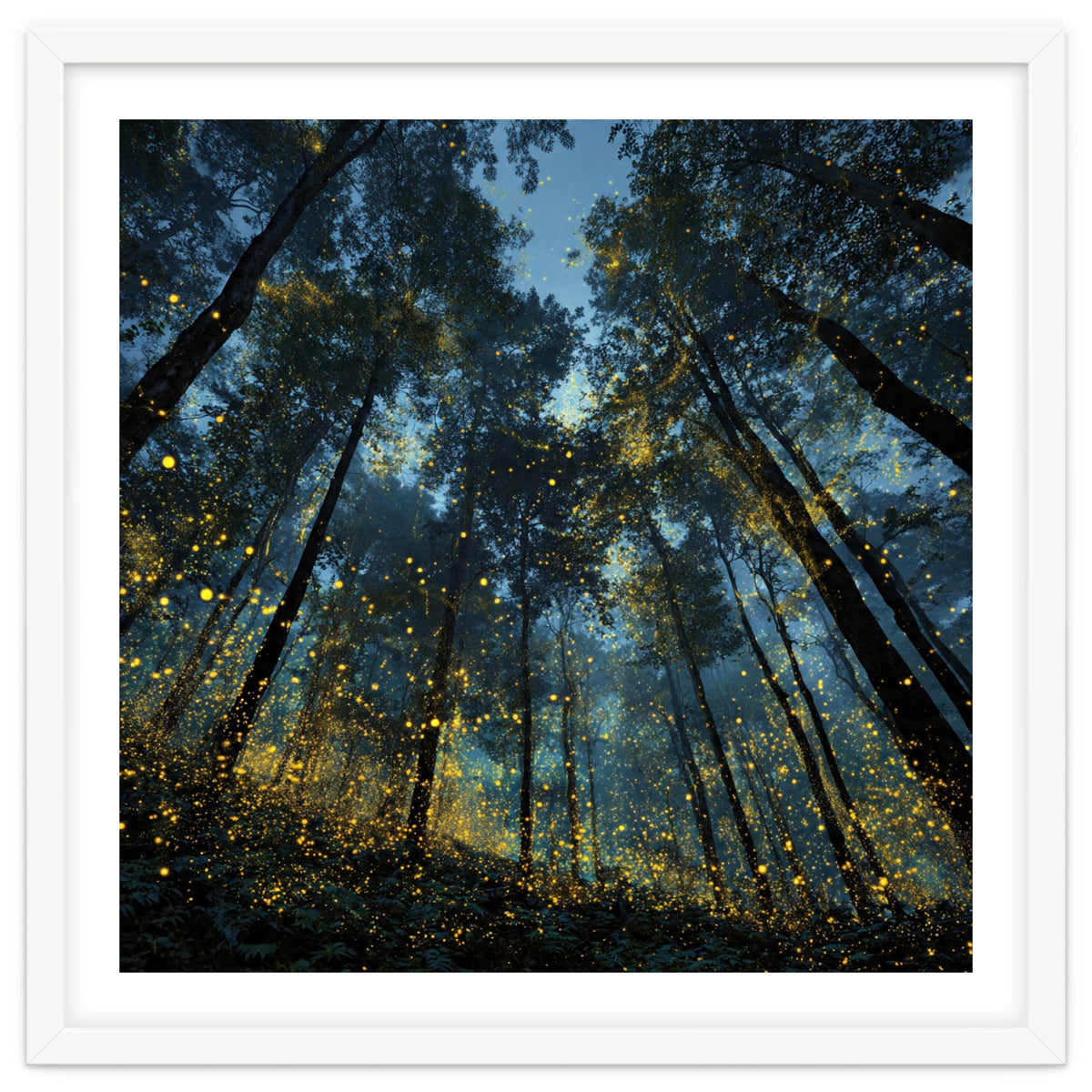 Celestial Forest Canopy with Swirling Golden Fireflies and Deep Twilight Blue Sky Digital Art