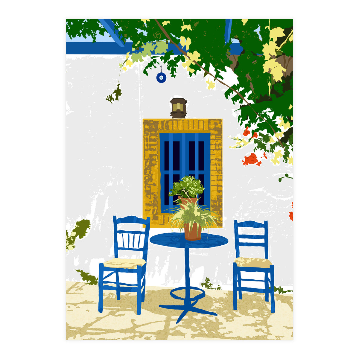 Greek Vacay For Two, Evil Eye Santorini Travel Summer, Eclectic Travel Architecture White Buildings Cafe (Print Only)