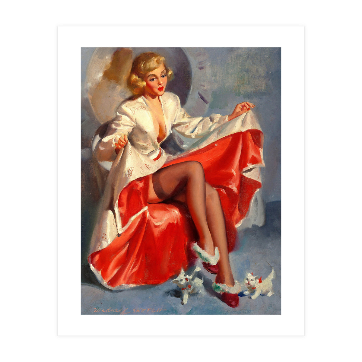 Pinup Girl Playing With Two Little Cats (Print Only)