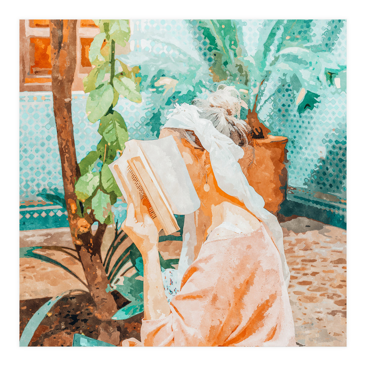 Turkish Reader | Morocco Travel Book Club | Modern Bohemian Woman Architecture | Watercolor Painting (Print Only)