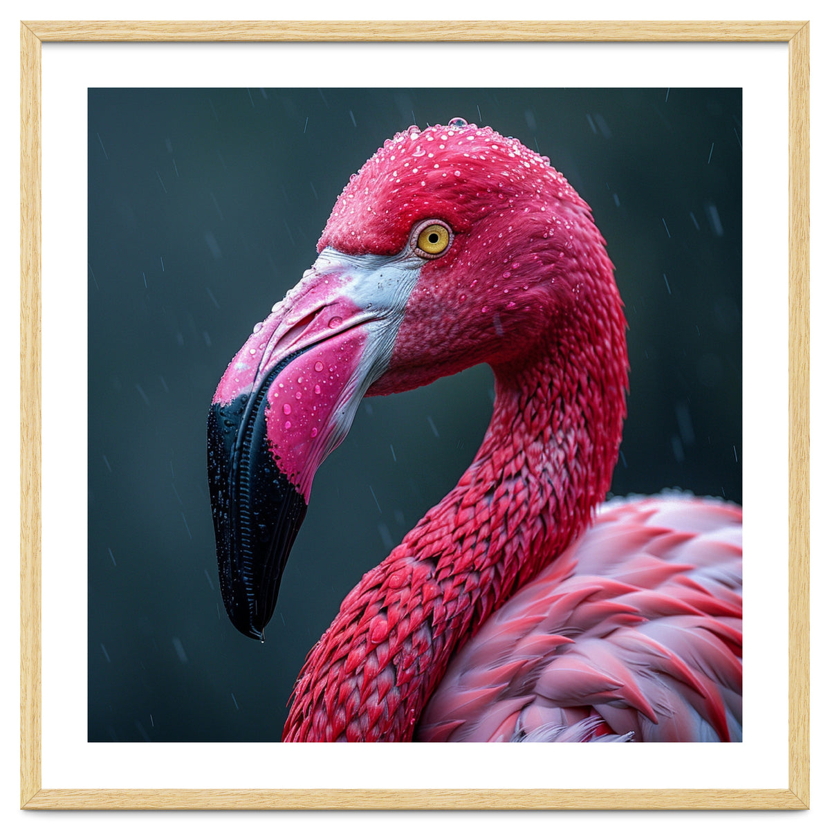 Close Up Pink Flamingo In Rain Drops