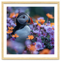 Puffin Bird Among Vibrant Purple And Orange Flowers