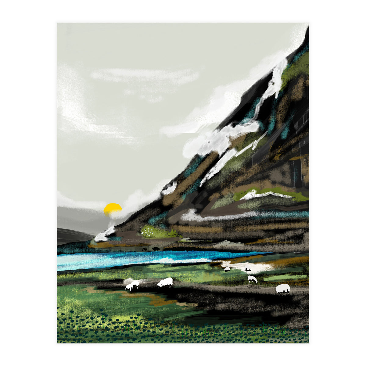 Graze, Cattle Nature Landscape Painting, Mountains Wild Adventure Cows, Animals Grassland Bohemian (Print Only)