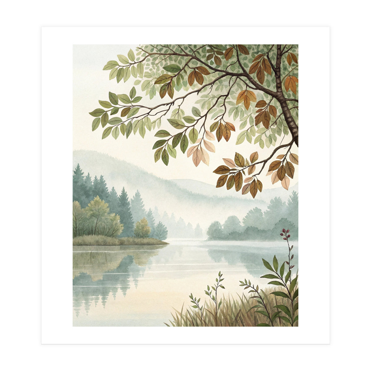 Tranquil Lakeside Forest Watercolor Painting with Overhanging Autumn Branches and Misty Mountain Reflection (Print Only)